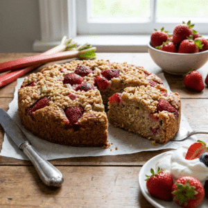 Whole grain strawberry rhubarb cake with freshly milled spelt flour