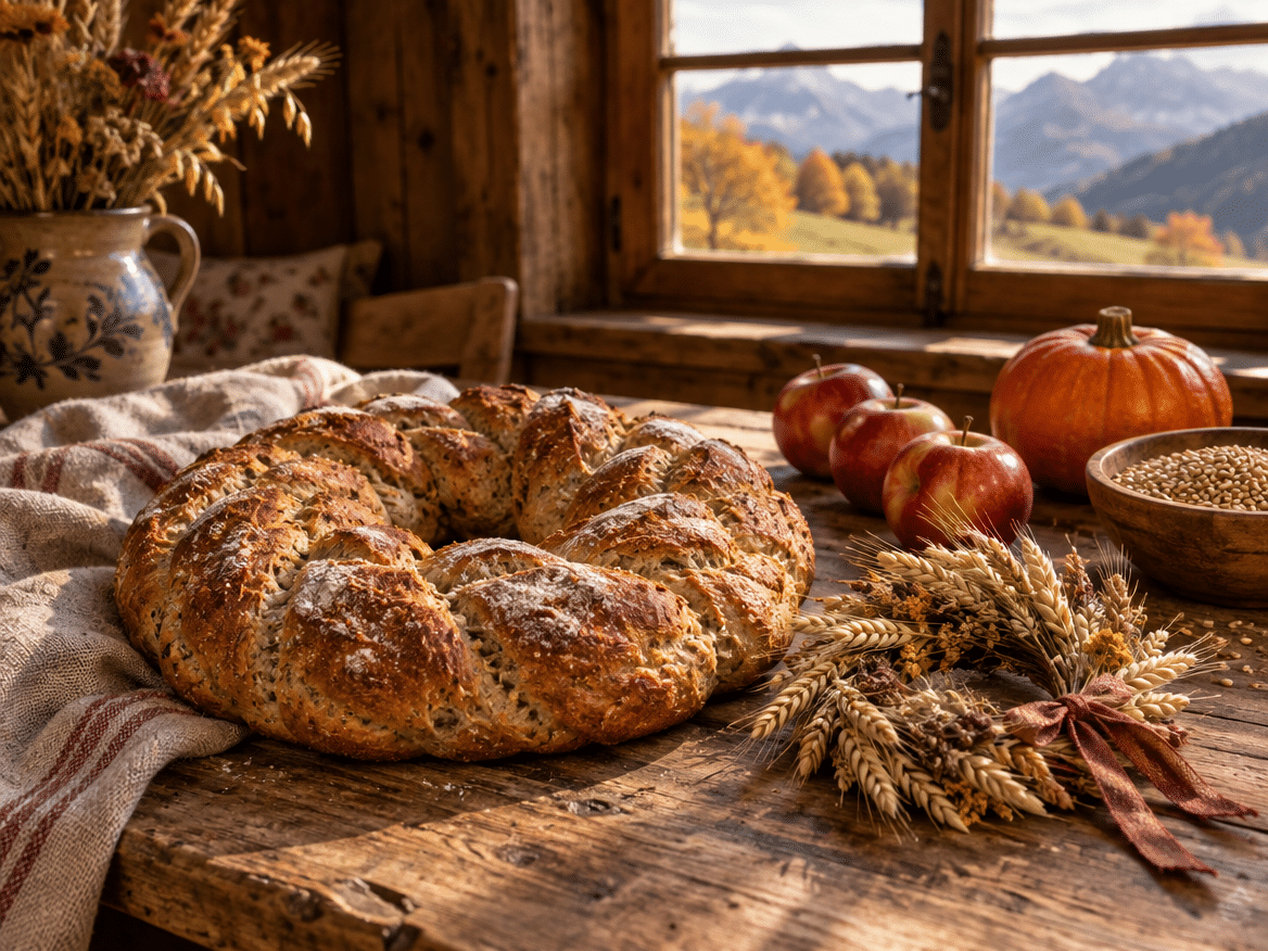 Braided harvest bread wreath made with freshly milled spelt and rye on a rustic wooden table with wheat ears, apples and a small pumpkin
