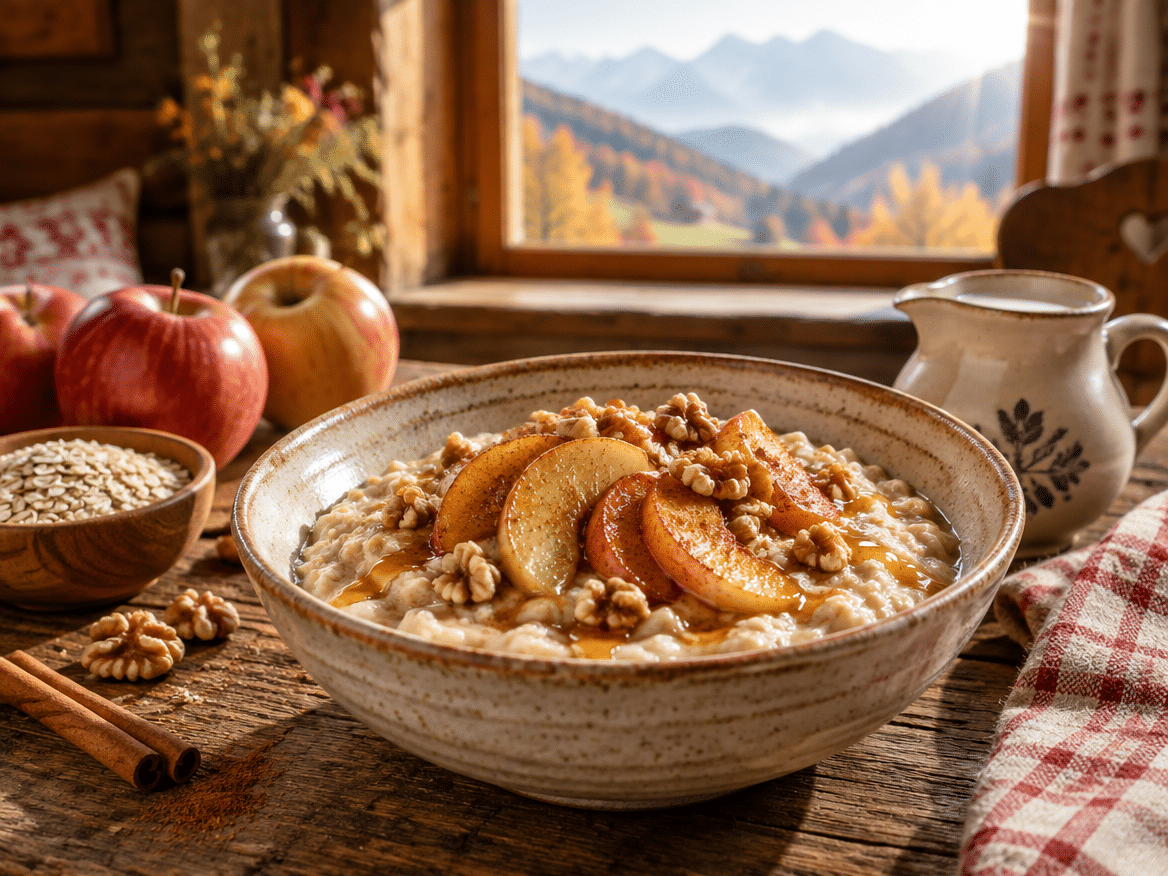 Warm apple cinnamon oatmeal made with fresh-rolled oats, topped with walnuts and honey on a wooden table in a cozy Austrian farmhouse kitchen