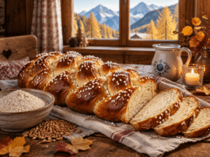 Austrian braided bread for All Saints' Day (Allerheiligenstriezel) made with freshly milled spelt and pearl sugar on a wooden table in a cozy Salzburg farmhouse with a fall mountain view