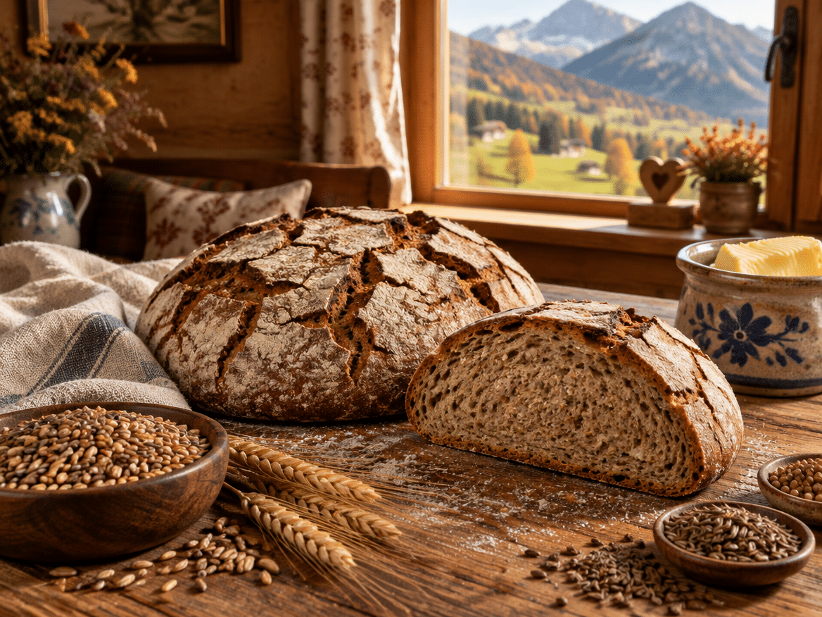 Freshly baked Austrian farmhouse rye bread with spelt, sliced on a wooden table in a cozy alpine farmhouse kitchen with a mountain view