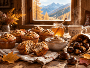 Chestnut muffins made with freshly milled spelt, chestnut purée and roasted chestnuts on a wooden table in a cozy Salzburg farmhouse kitchen with a fall mountain view