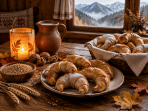 Freshly baked St. Martin's Day crescent rolls made with freshly milled spelt on a rustic wooden table in an Austrian farmhouse parlor, with a glowing paper lantern, spelt berries, wheat ears and walnuts, and fall mountains in the window