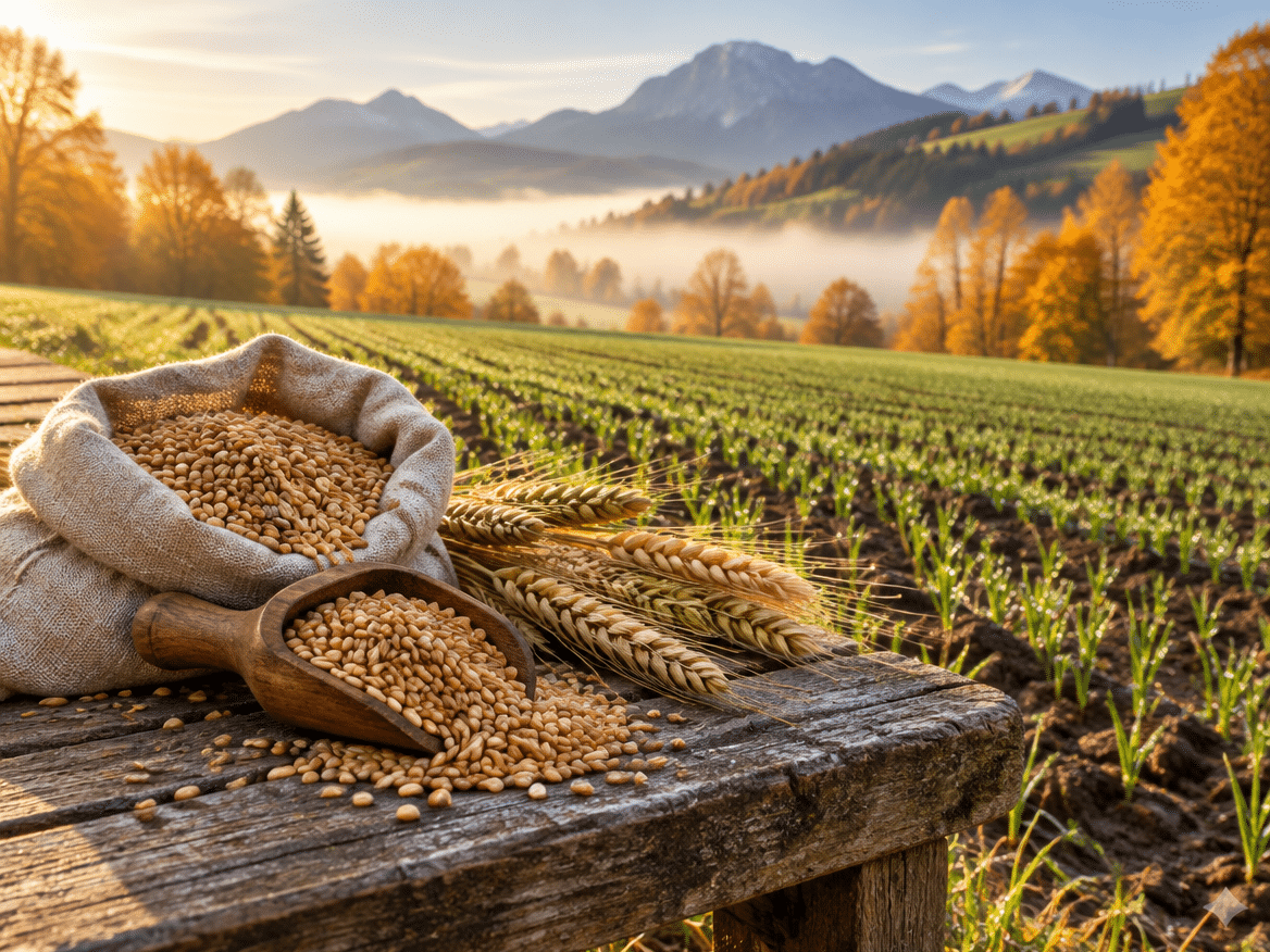 Freshly sown winter wheat field in the Salzburg region of Austria in fall, with a linen sack and wooden scoop of wheat, rye and spelt berries on a rustic bench, autumn trees, morning mist and mountains in the background